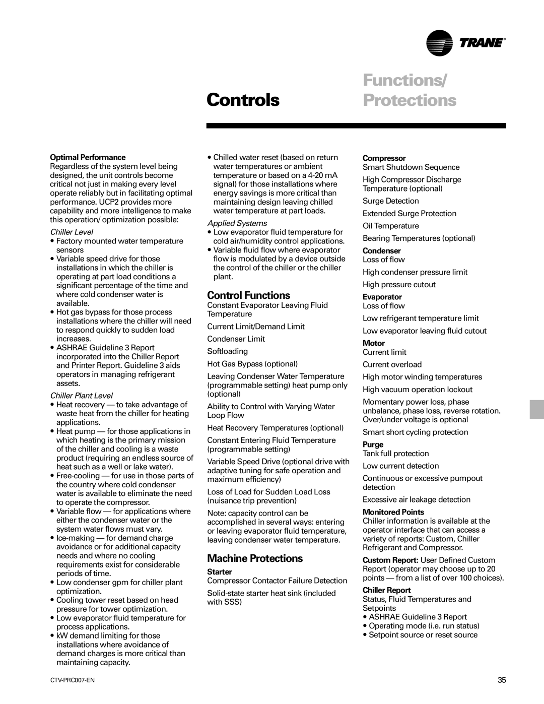 Trane ctv-prc007-en manual Functions Controls Protections, Control Functions, Machine Protections 