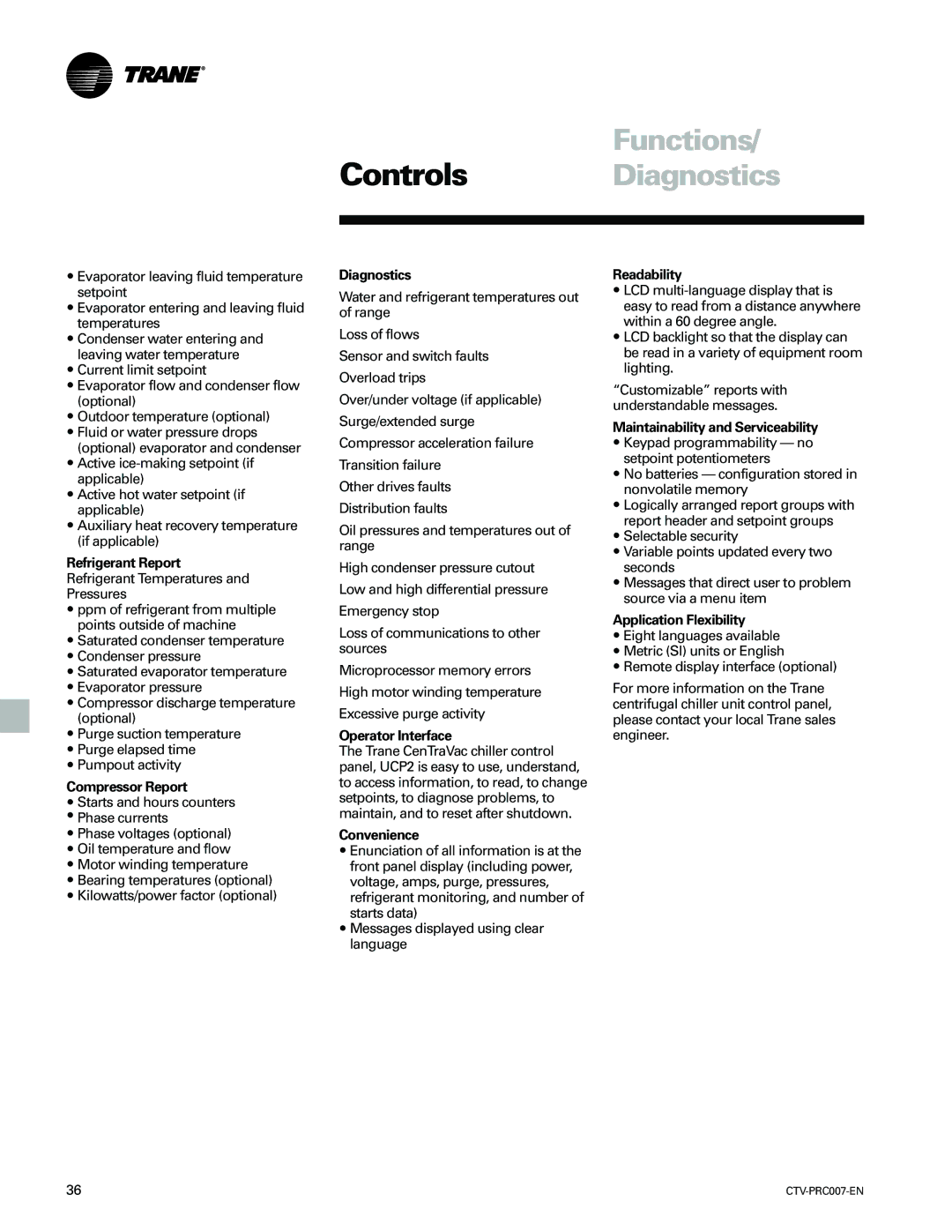 Trane ctv-prc007-en manual Functions Controls Diagnostics 