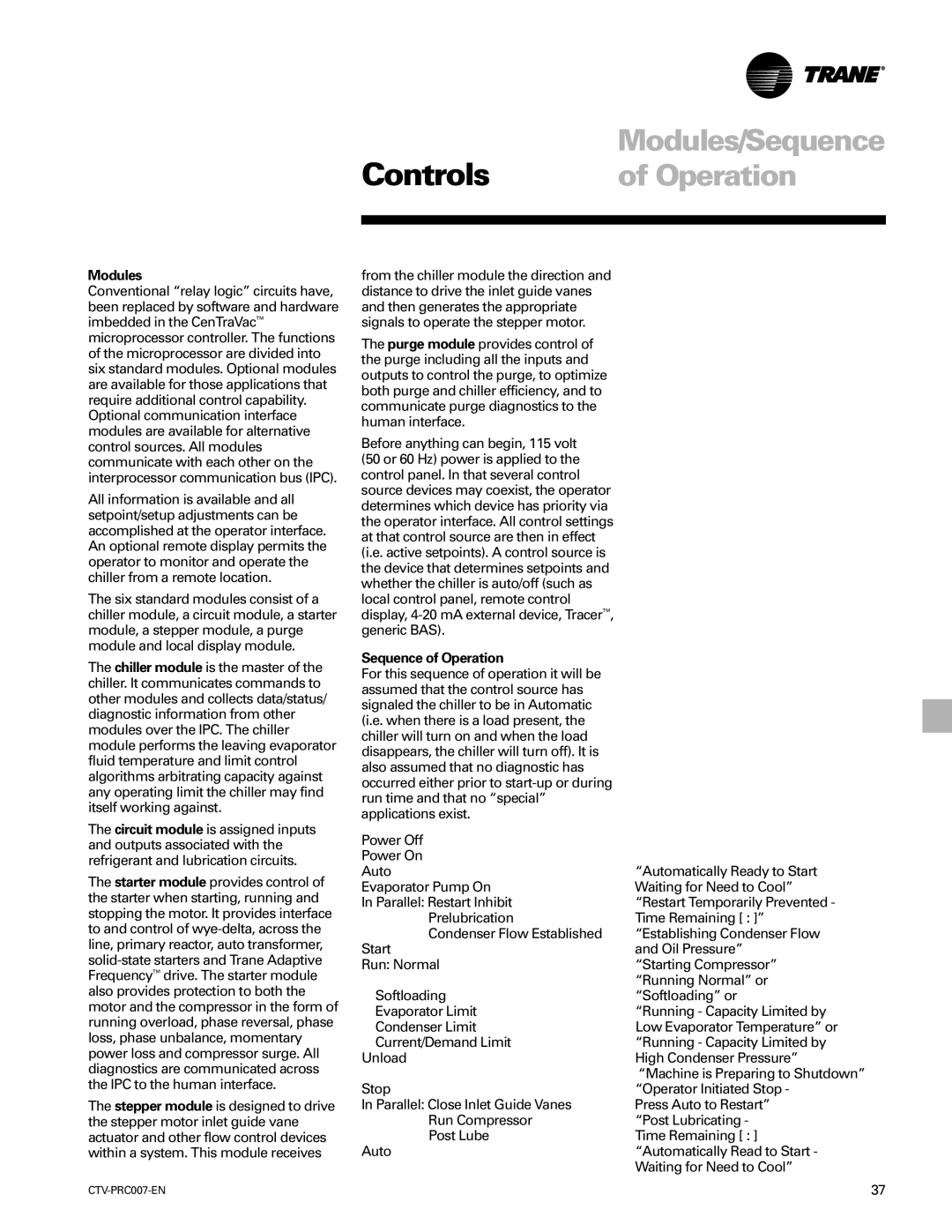 Trane ctv-prc007-en manual Controls, Modules/Sequence, Sequence of Operation 