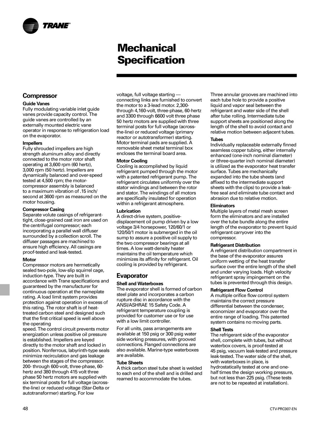 Trane ctv-prc007-en manual Mechanical Specification, Compressor, Evaporator 