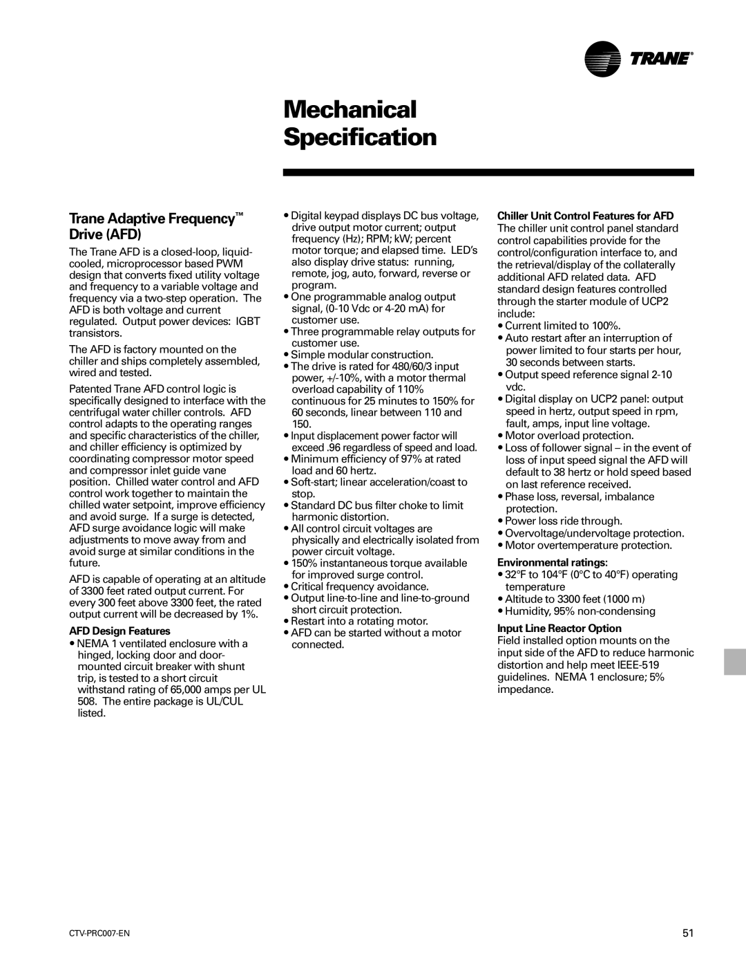 Trane ctv-prc007-en manual Trane Adaptive Frequency Drive AFD, AFD Design Features, Environmental ratings 