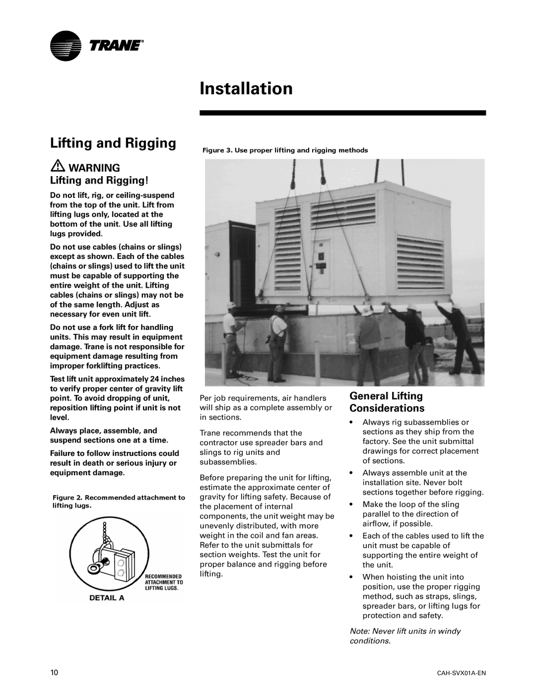 Trane CAH-SVX01A-EN, Custom Climate Changer Air Handlers manual Lifting and Rigging, General Lifting Considerations 