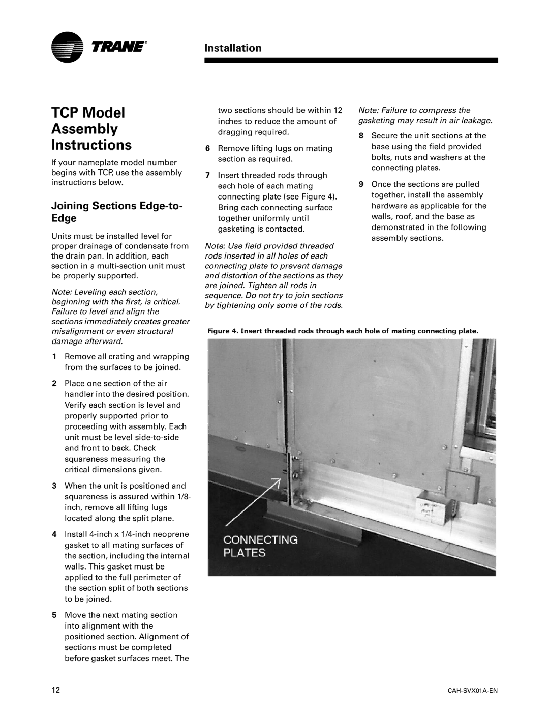 Trane CAH-SVX01A-EN, Custom Climate Changer Air Handlers TCP Model Assembly Instructions, Joining Sections Edge-to- Edge 