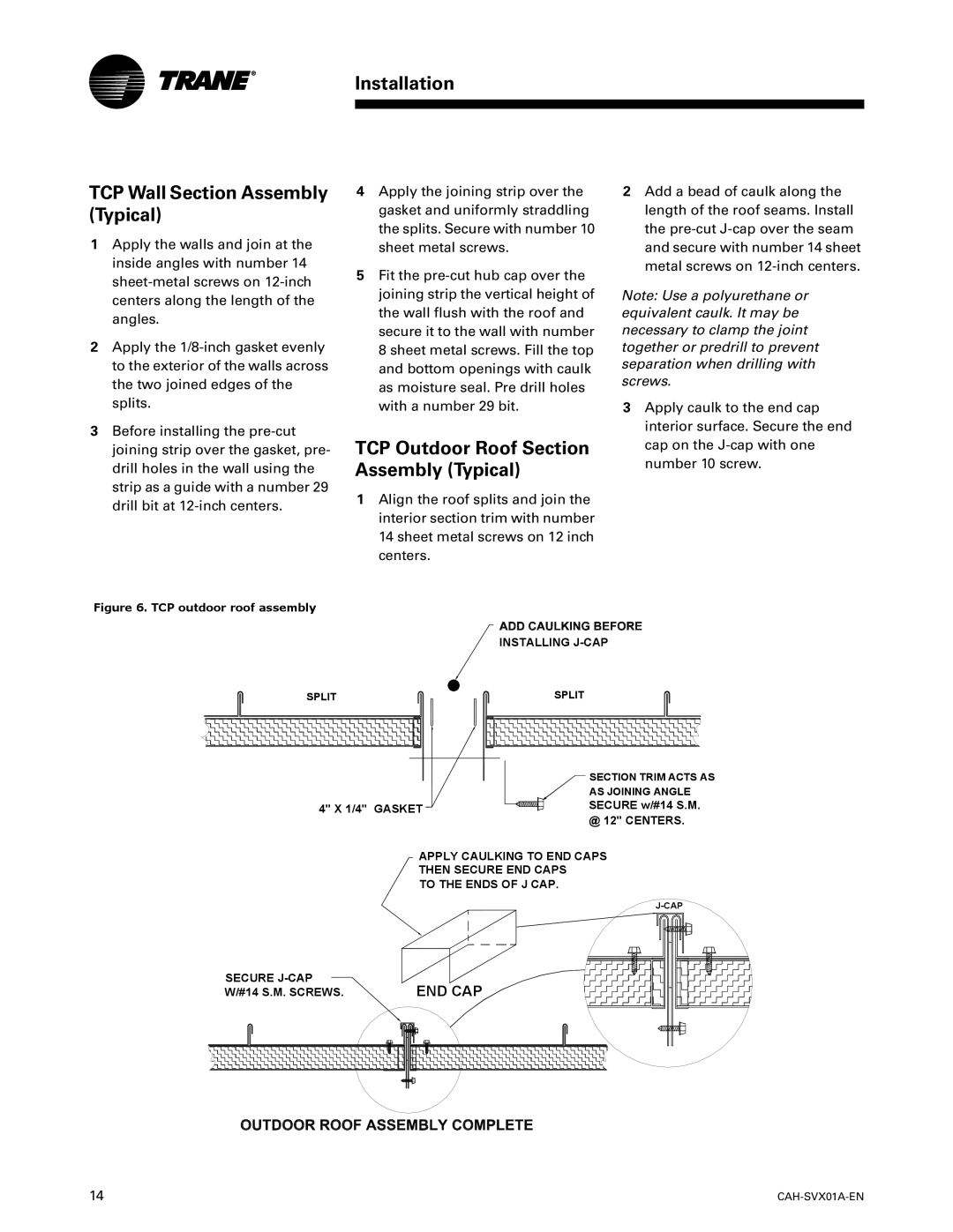 Trane CAH-SVX01A-EN manual Installation TCP Wall Section Assembly Typical, TCP Outdoor Roof Section Assembly Typical 