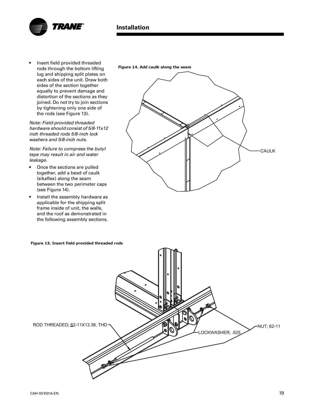 Trane Custom Climate Changer Air Handlers, CAH-SVX01A-EN manual Add caulk along the seam 