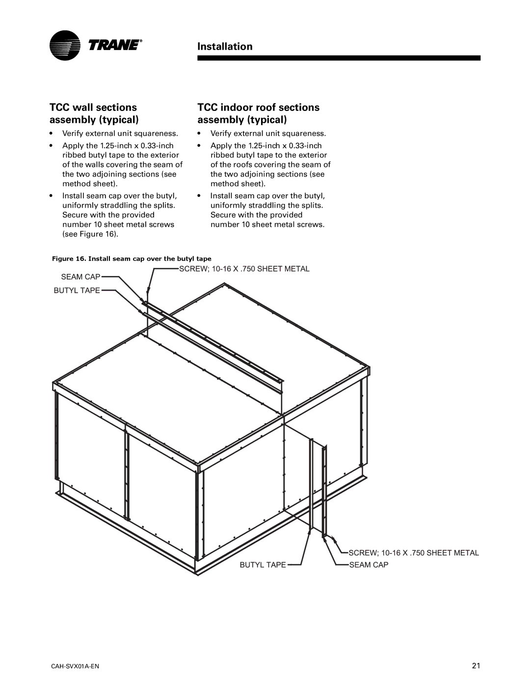 Trane Custom Climate Changer Air Handlers, CAH-SVX01A-EN manual TCC wall sections assembly typical 