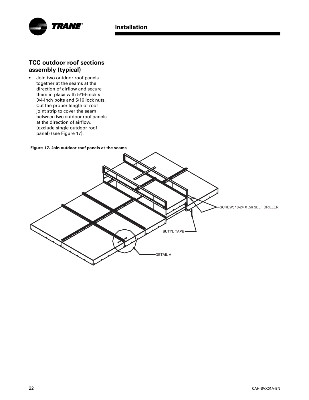 Trane CAH-SVX01A-EN manual Installation TCC outdoor roof sections assembly typical, Join outdoor roof panels at the seams 