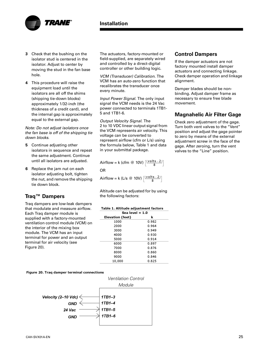 Trane Custom Climate Changer Air Handlers, CAH-SVX01A-EN manual Traq Dampers, Control Dampers, Magnahelic Air Filter Gage 