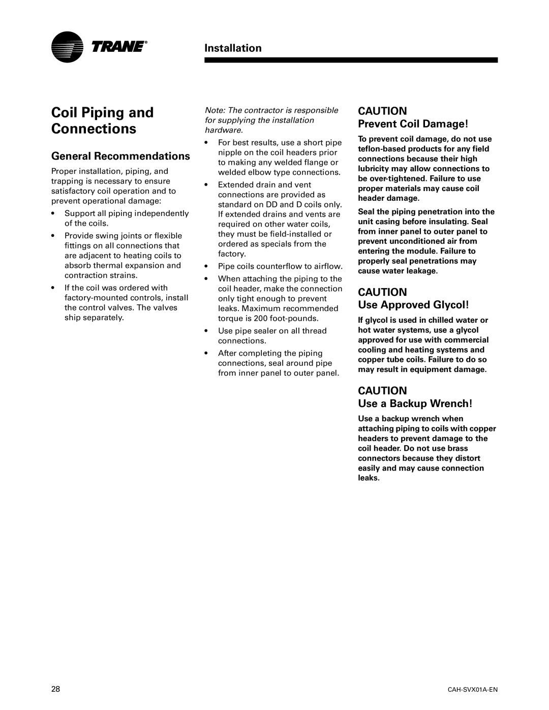Trane CAH-SVX01A-EN manual Coil Piping Connections, General Recommendations, Prevent Coil Damage, Use Approved Glycol 