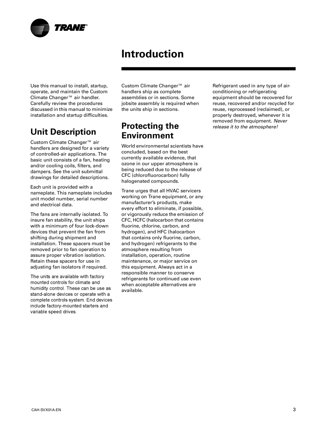 Trane Custom Climate Changer Air Handlers, CAH-SVX01A-EN manual Unit Description, Protecting Environment 
