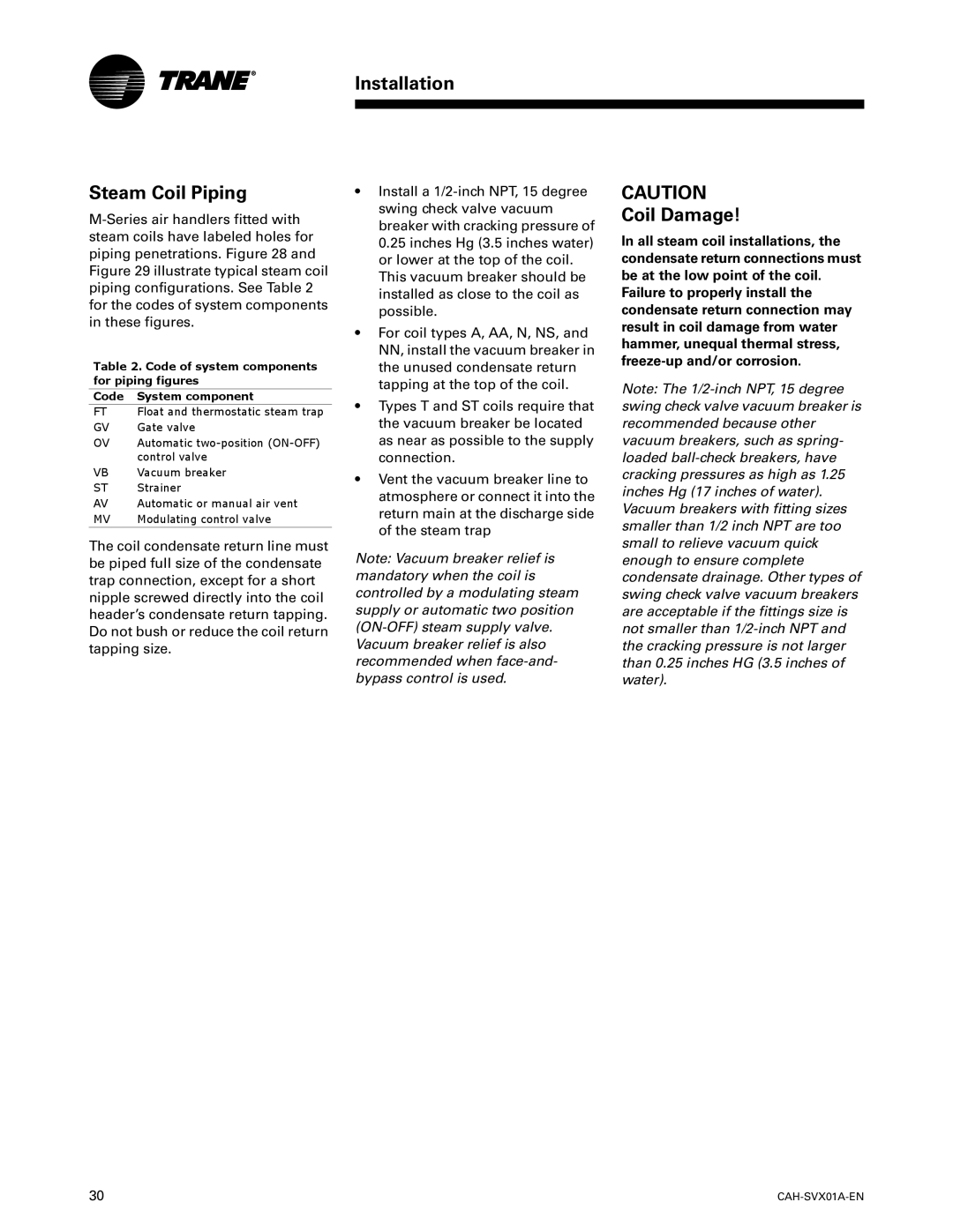 Trane CAH-SVX01A-EN, Custom Climate Changer Air Handlers manual Installation Steam Coil Piping, Coil Damage 