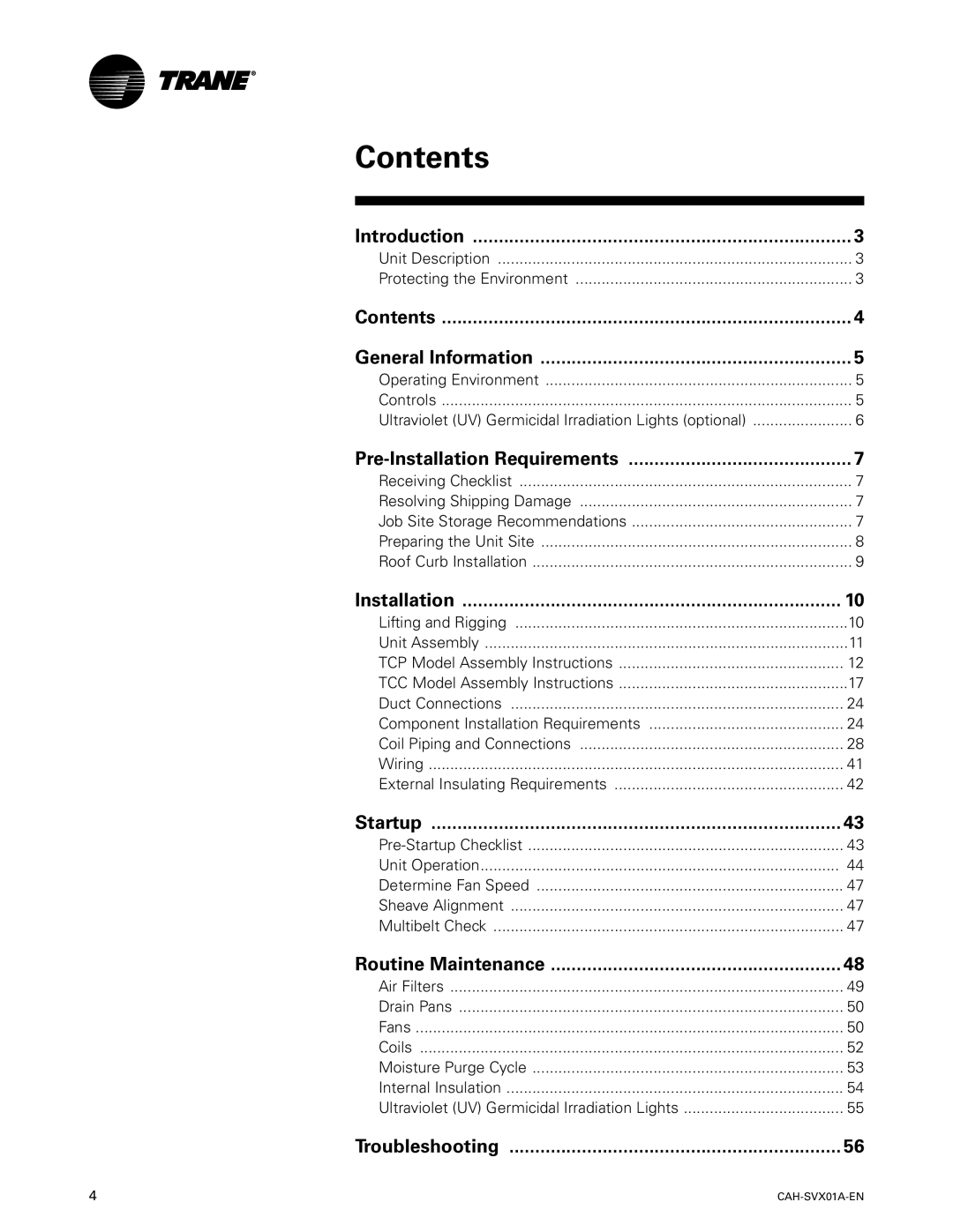 Trane CAH-SVX01A-EN, Custom Climate Changer Air Handlers manual Contents 