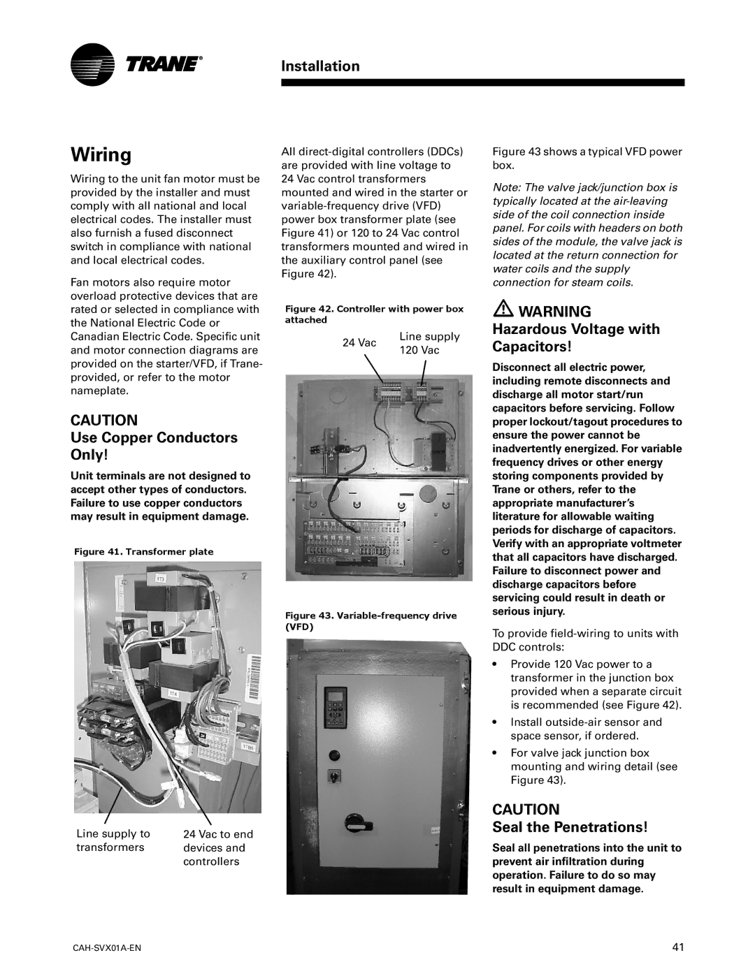 Trane Custom Climate Changer Air Handlers manual Wiring, Hazardous Voltage with, Use Copper Conductors Only, Capacitors 