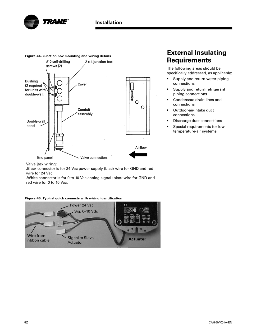 Trane CAH-SVX01A-EN manual External Insulating Requirements, Junction box mounting and wiring details 