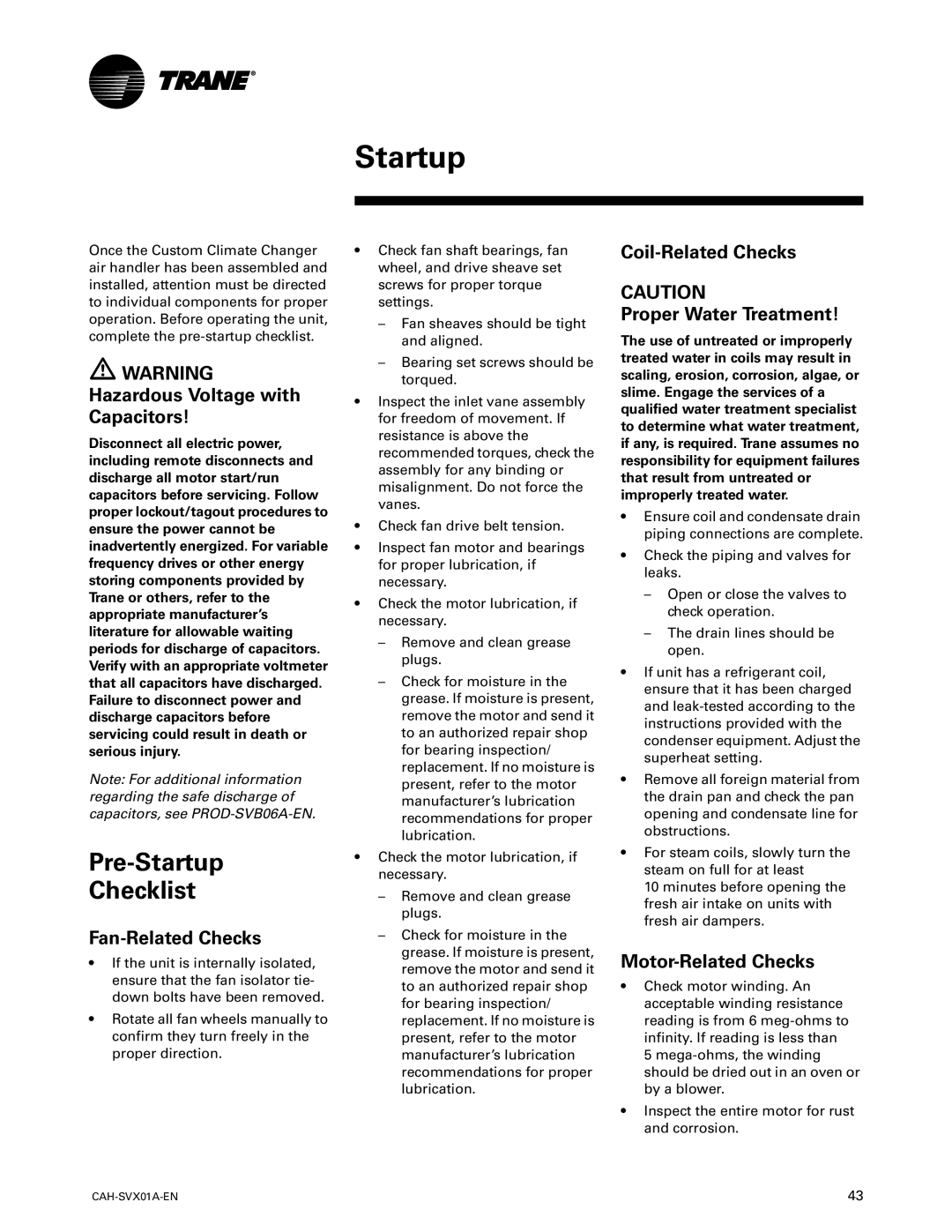 Trane Custom Climate Changer Air Handlers, CAH-SVX01A-EN Pre-Startup Checklist, Fan-Related Checks, Motor-Related Checks 