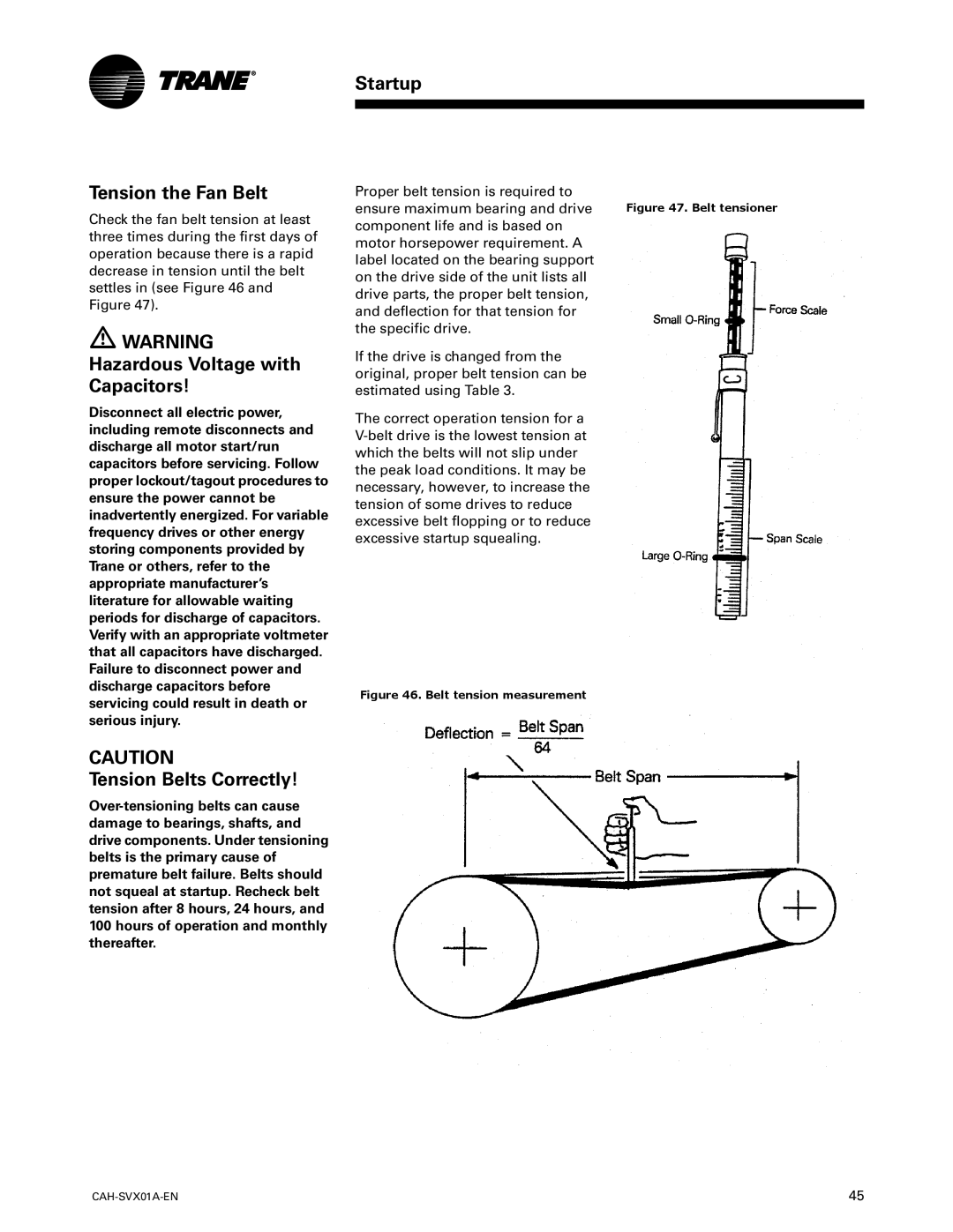 Trane Custom Climate Changer Air Handlers, CAH-SVX01A-EN manual Startup Tension the Fan Belt, Tension Belts Correctly 