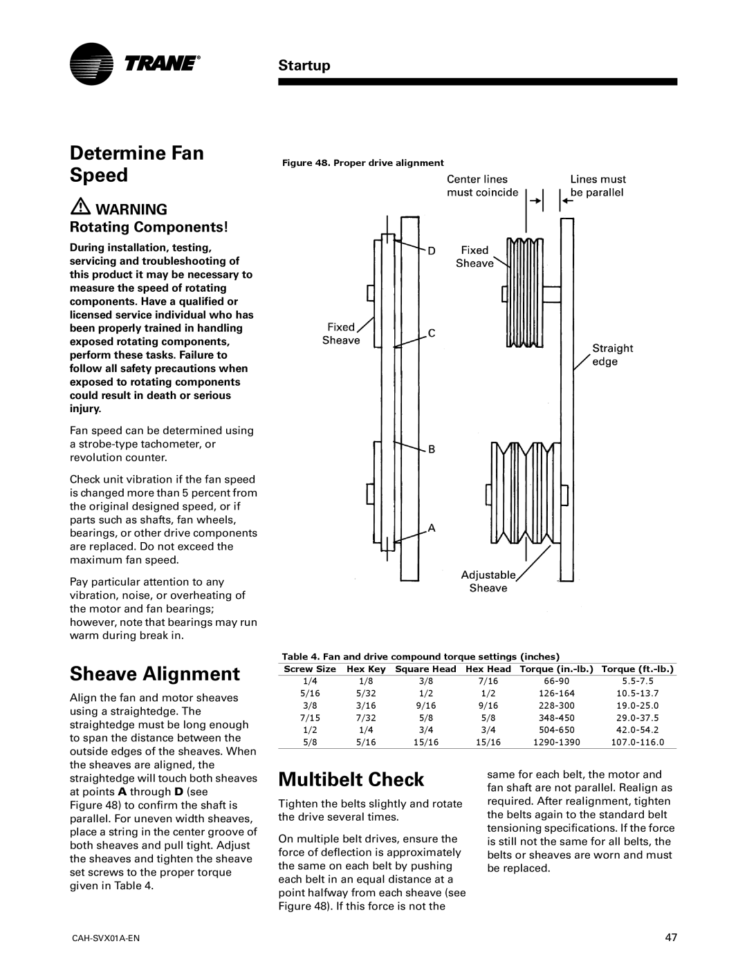 Trane Custom Climate Changer Air Handlers, CAH-SVX01A-EN manual Determine Fan Speed, Sheave Alignment, Multibelt Check 