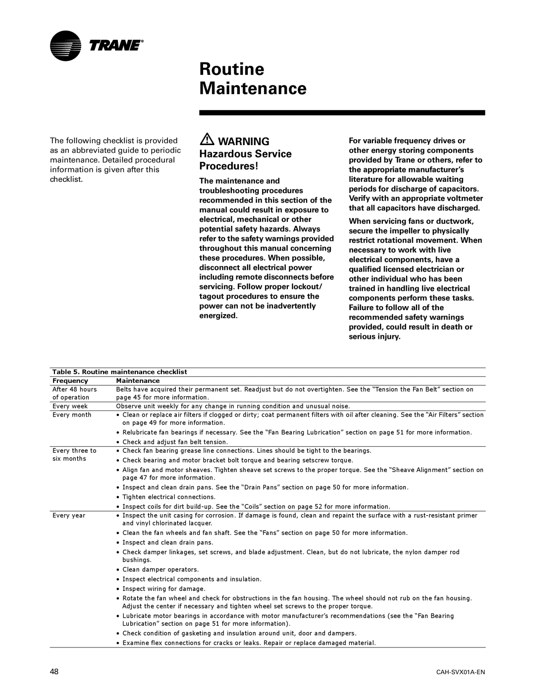 Trane CAH-SVX01A-EN, Custom Climate Changer Air Handlers manual Routine Maintenance 