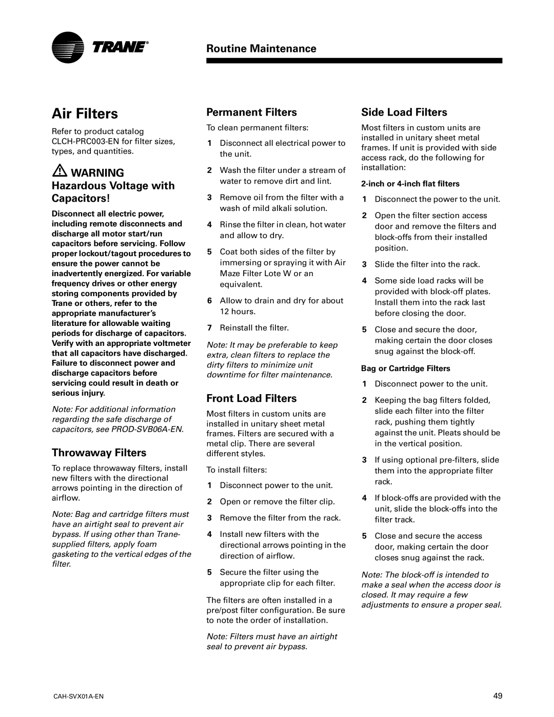 Trane Custom Climate Changer Air Handlers manual Air Filters, Throwaway Filters, Permanent Filters, Front Load Filters 