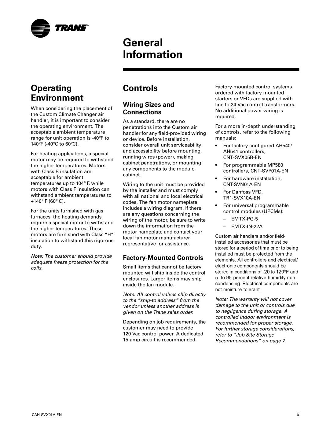 Trane Custom Climate Changer Air Handlers, CAH-SVX01A-EN manual Operating Environment, Controls, Wiring Sizes Connections 
