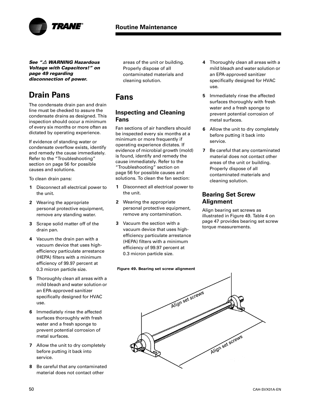 Trane CAH-SVX01A-EN manual Drain Pans, Inspecting and Cleaning Fans, Bearing Set Screw Alignment 