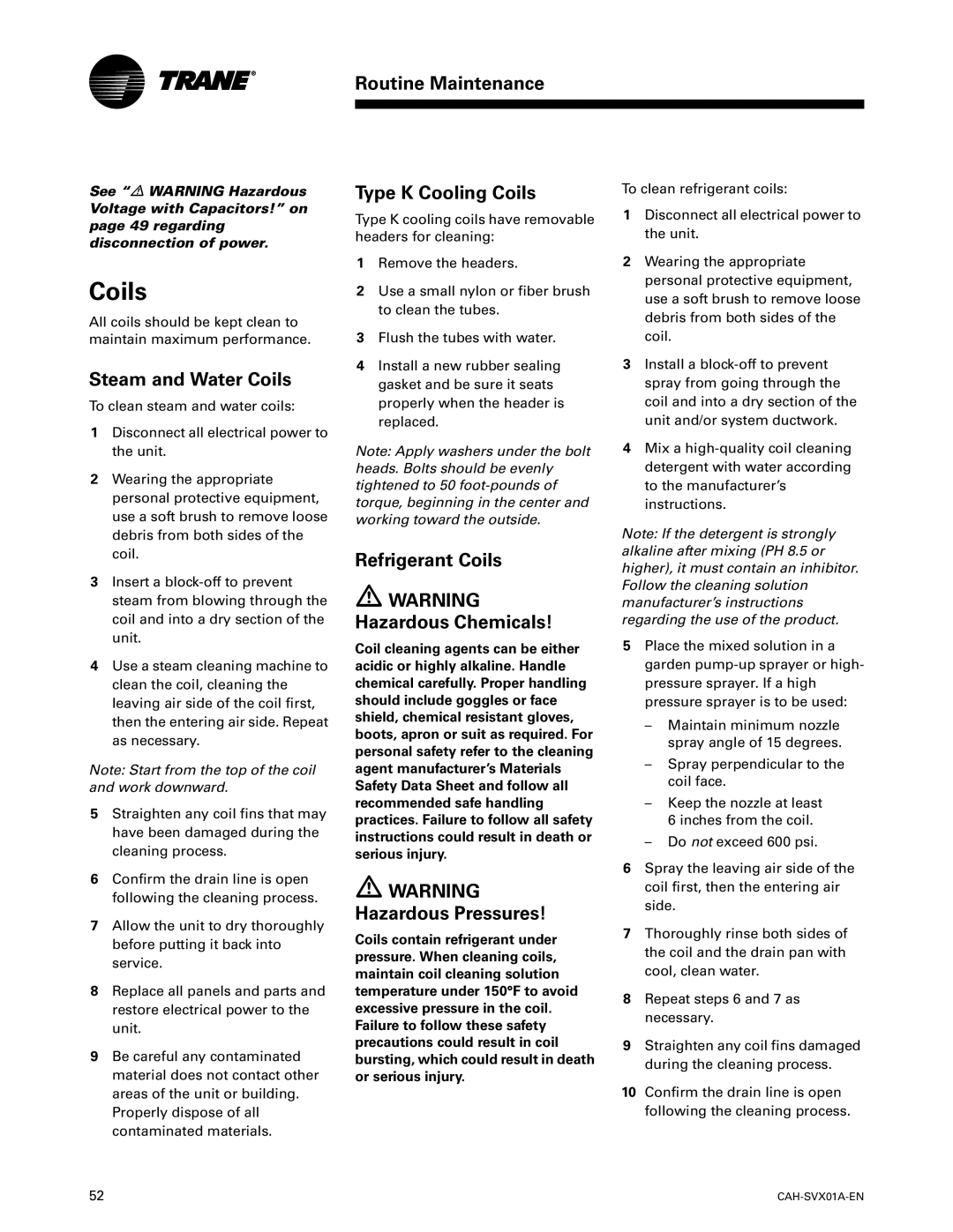 Trane CAH-SVX01A-EN manual Steam and Water Coils, Type K Cooling Coils, Refrigerant Coils 