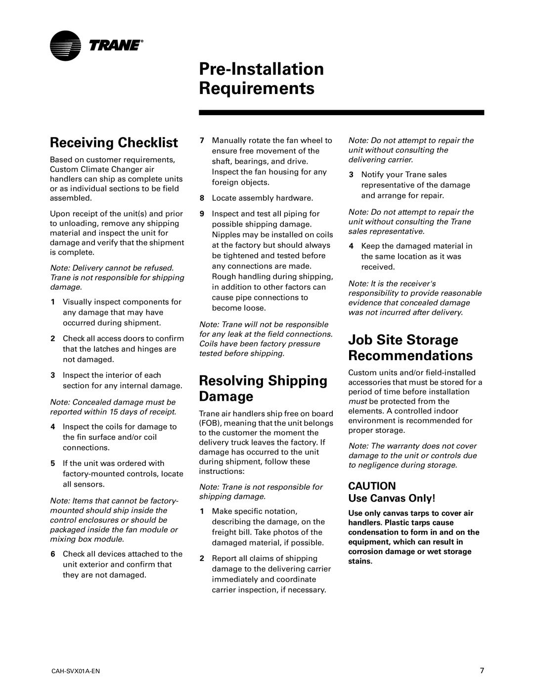 Trane Custom Climate Changer Air Handlers Receiving Checklist, Resolving Shipping Damage, Job Site Storage Recommendations 