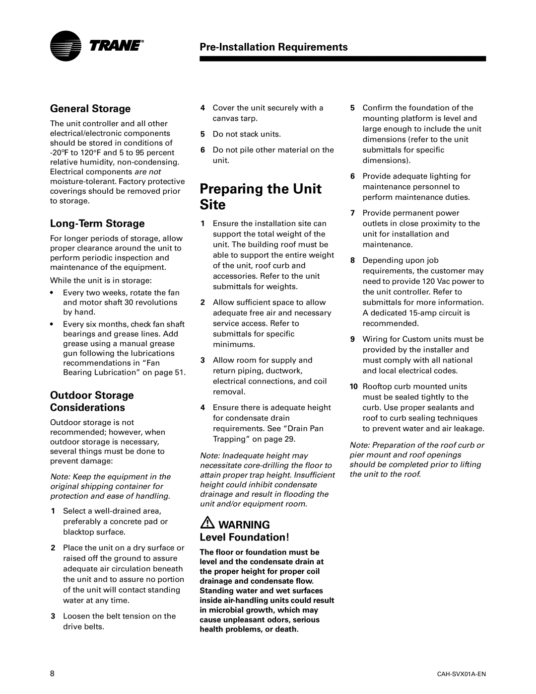 Trane CAH-SVX01A-EN manual Preparing the Unit Site, Pre-Installation Requirements General Storage, Long-Term Storage 