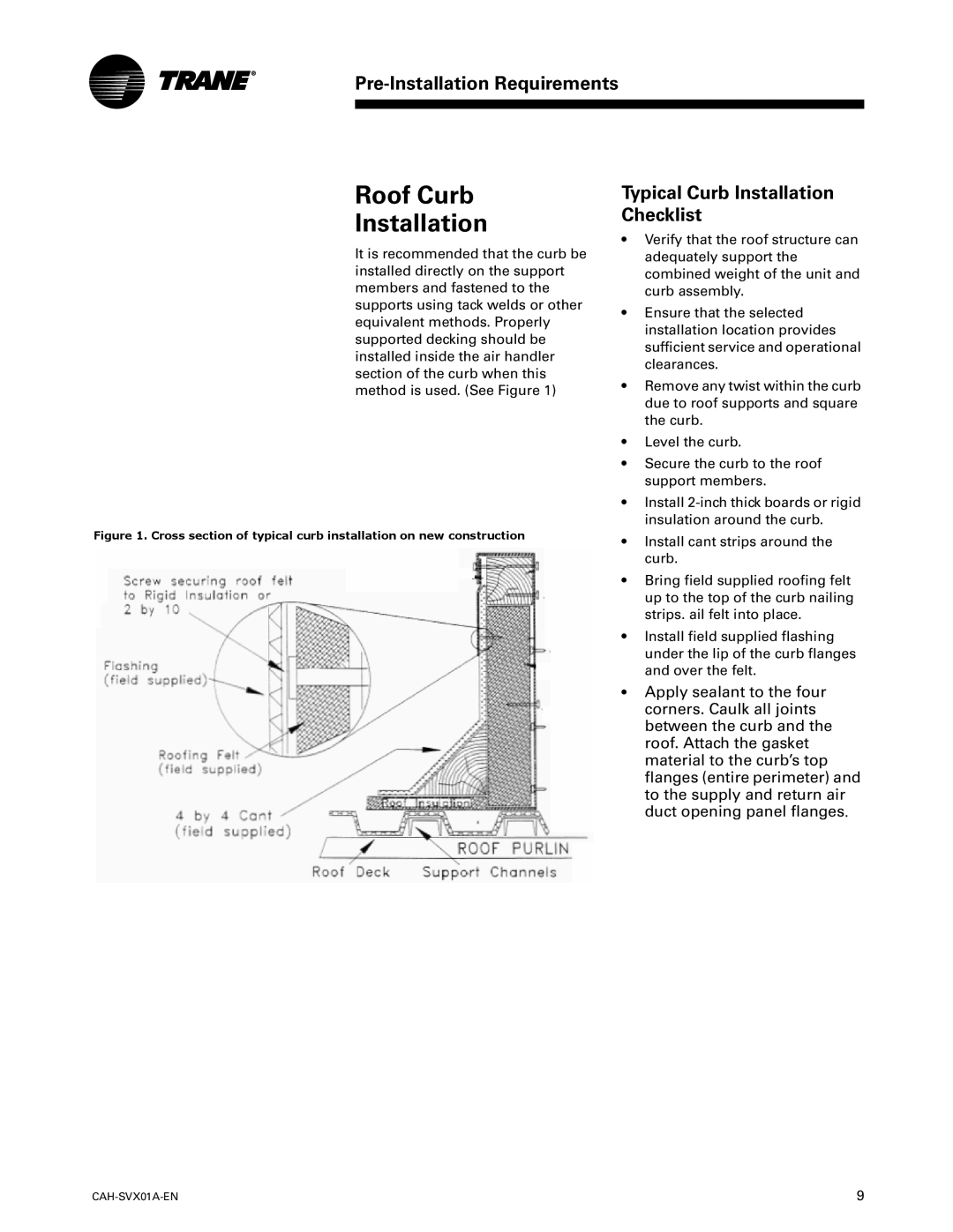 Trane Custom Climate Changer Air Handlers, CAH-SVX01A-EN manual Roof Curb Installation, Typical Curb Installation Checklist 