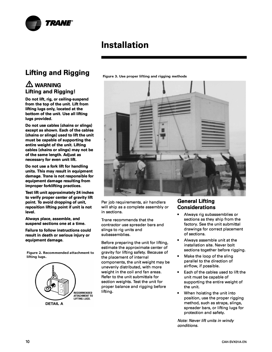 Trane CAH-SVX01A-EN manual Installation, WARNING Lifting and Rigging, General Lifting Considerations 