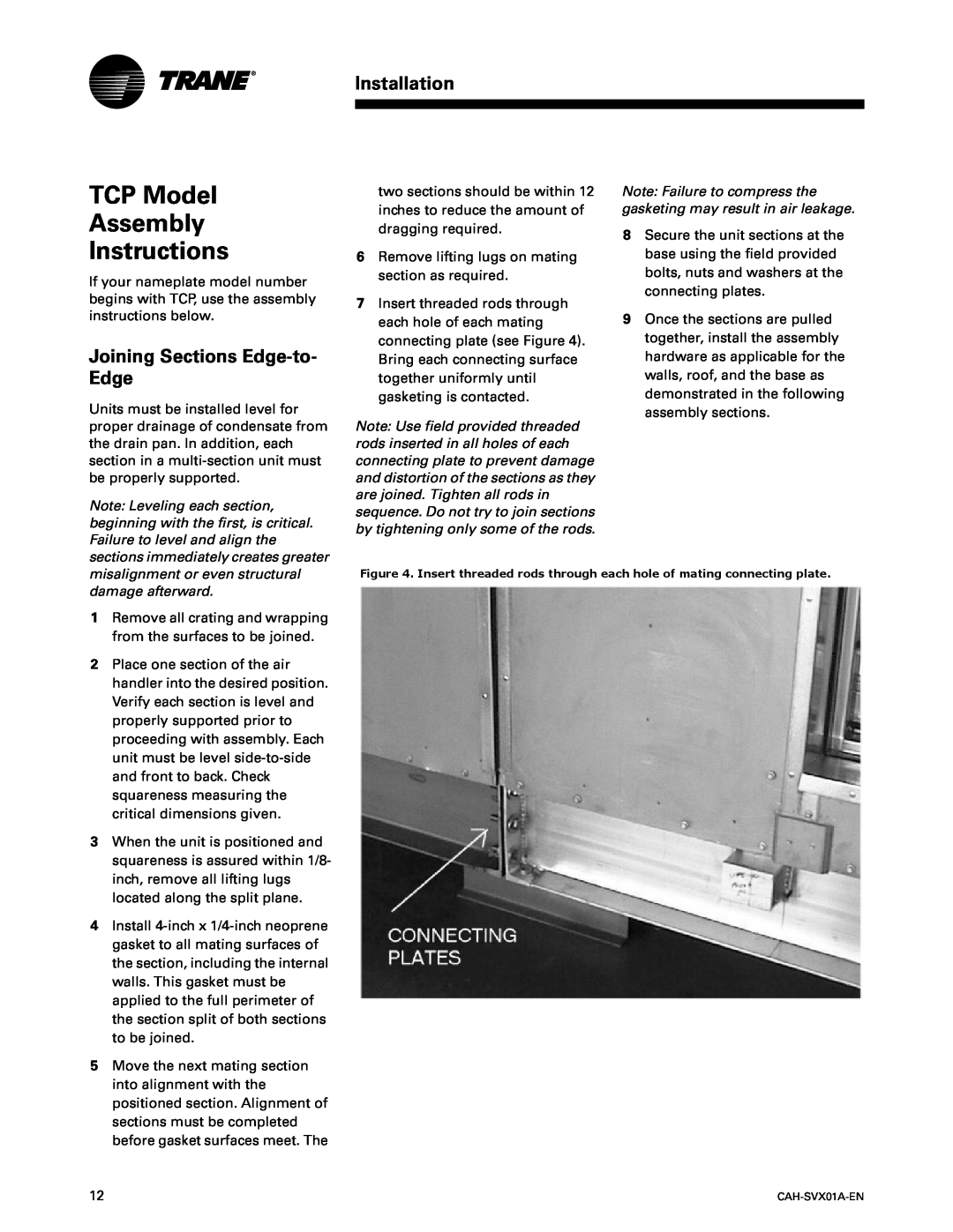 Trane CAH-SVX01A-EN manual TCP Model Assembly Instructions, Joining Sections Edge-to-Edge, Installation 
