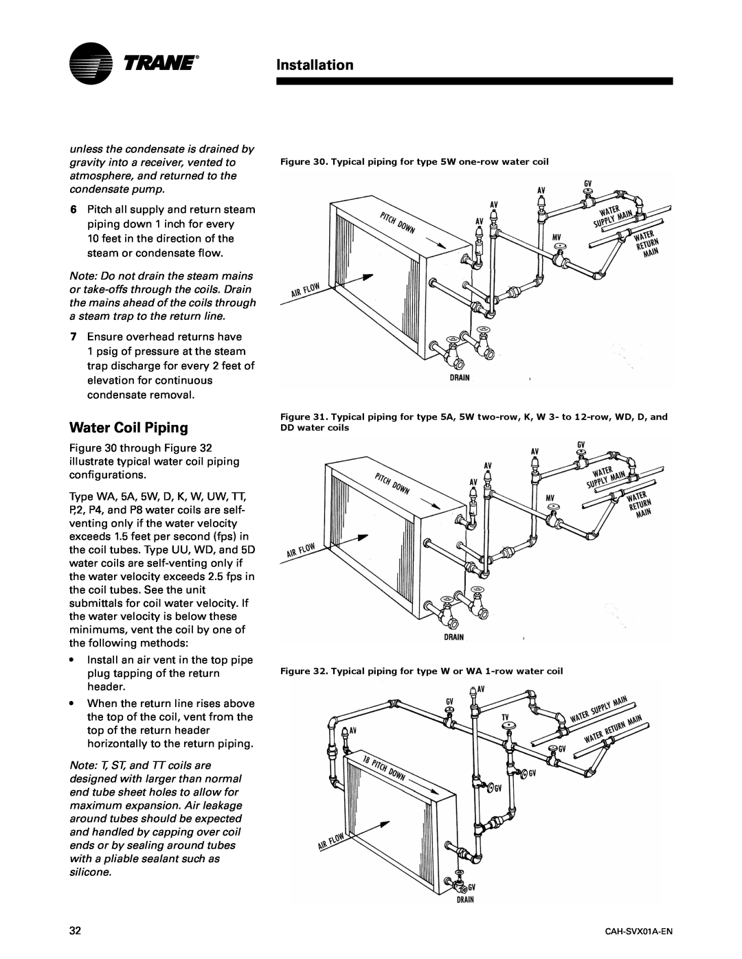 Trane CAH-SVX01A-EN, Custom Climate Changer Air Handlers manual Water Coil Piping, Installation 