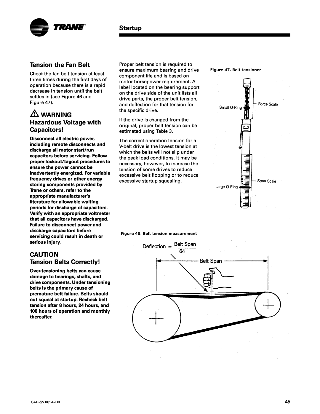 Trane Custom Climate Changer Air Handlers, CAH-SVX01A-EN manual Tension the Fan Belt, Tension Belts Correctly, Startup 