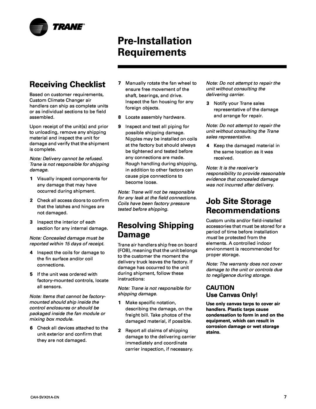 Trane Custom Climate Changer Air Handlers Pre-InstallationRequirements, Receiving Checklist, Resolving Shipping Damage 