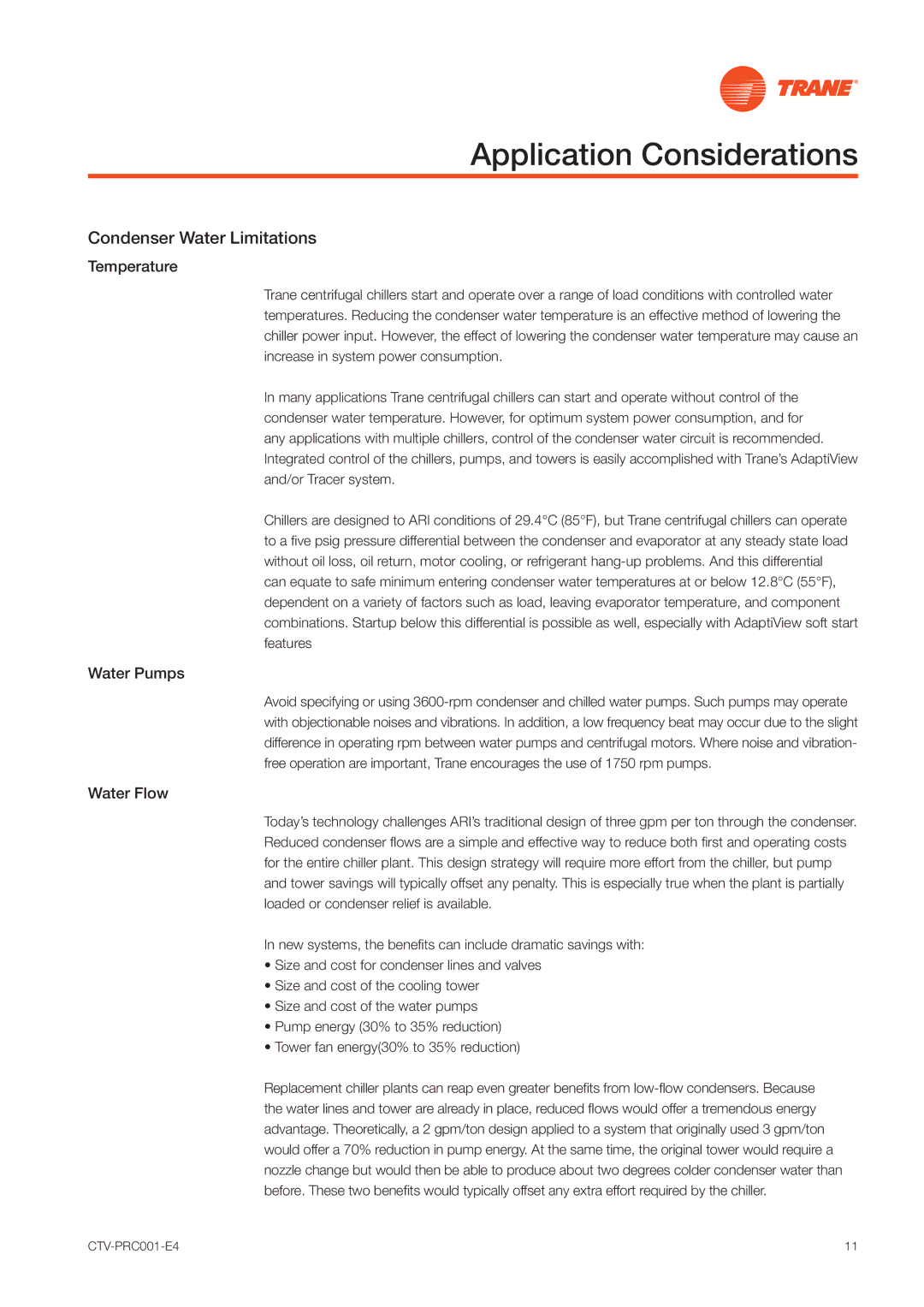 Trane CVGF manual Application Considerations, Condenser Water Limitations, Temperature, Water Pumps, Water Flow 