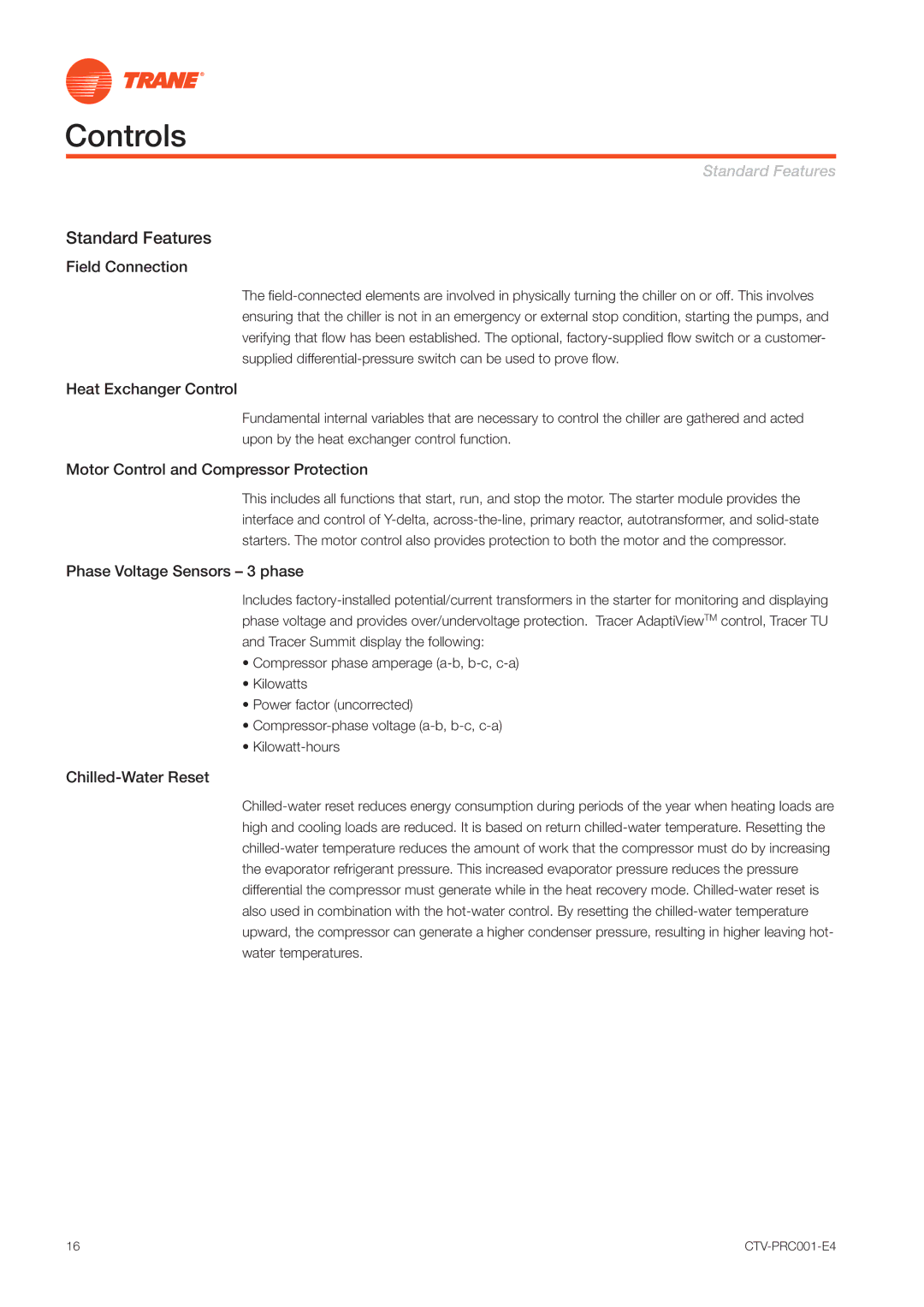 Trane CVGF manual Controls, Standard Features 