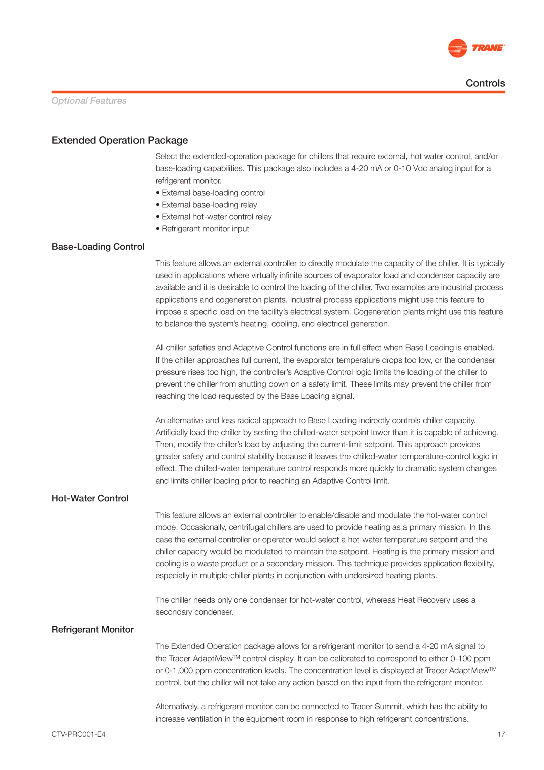 Trane CVGF manual Controls, Extended Operation Package, Base-Loading Control, Hot-Water Control, Refrigerant Monitor 