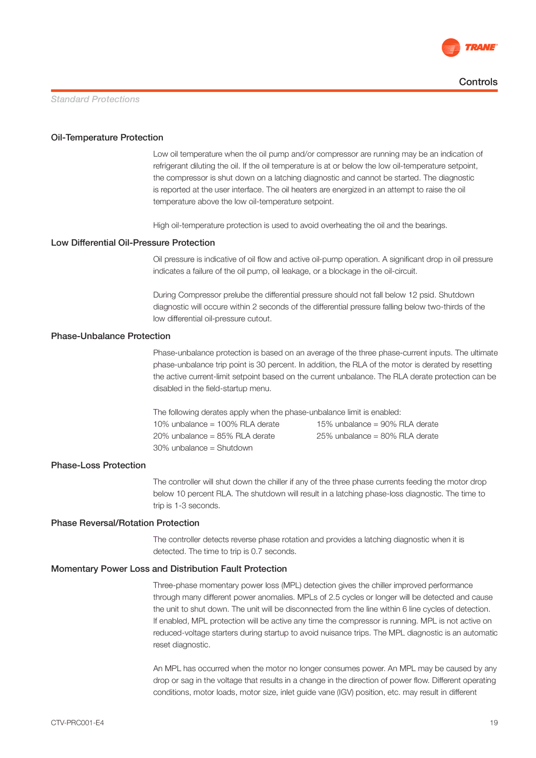 Trane CVGF manual Oil-Temperature Protection, Low Differential Oil-Pressure Protection, Phase-Unbalance Protection 