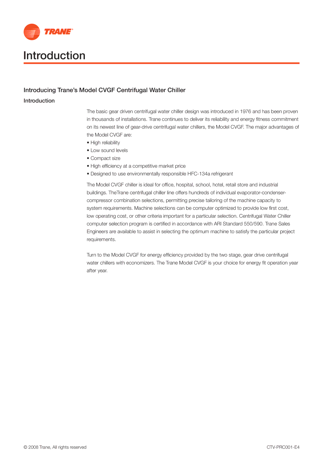 Trane CVGF manual Introduction, Introducing Trane’s Model Cvgf Centrifugal Water Chiller 