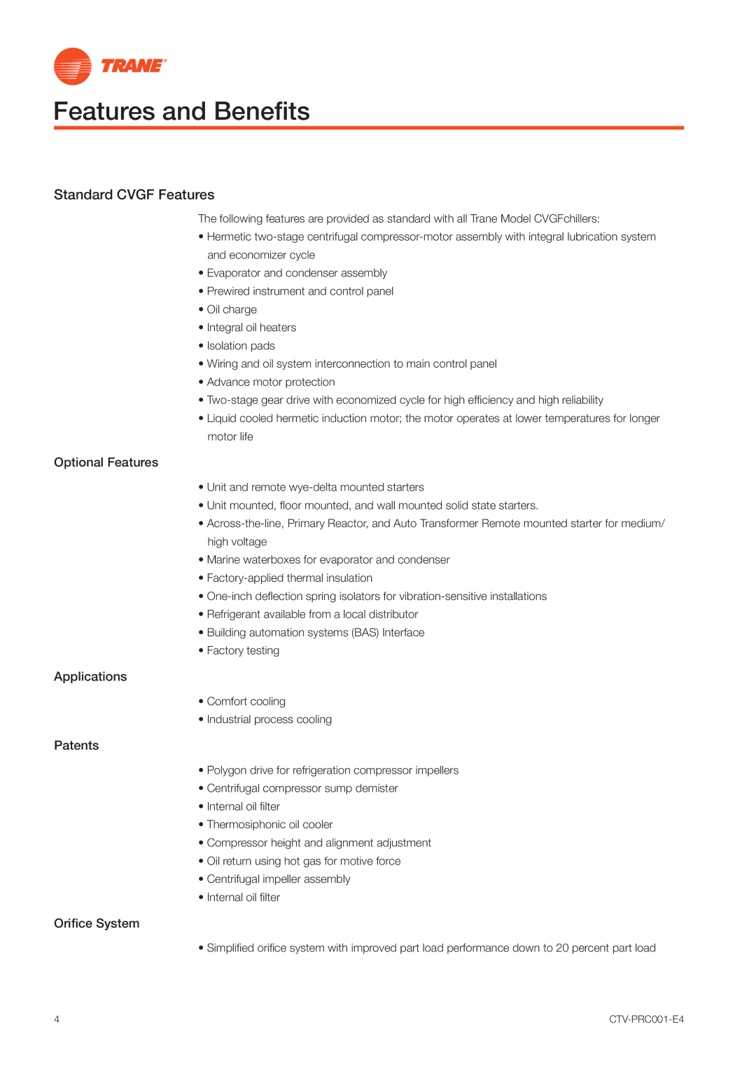 Trane CVGF manual Features and Beneﬁts, Standard Cvgf Features 