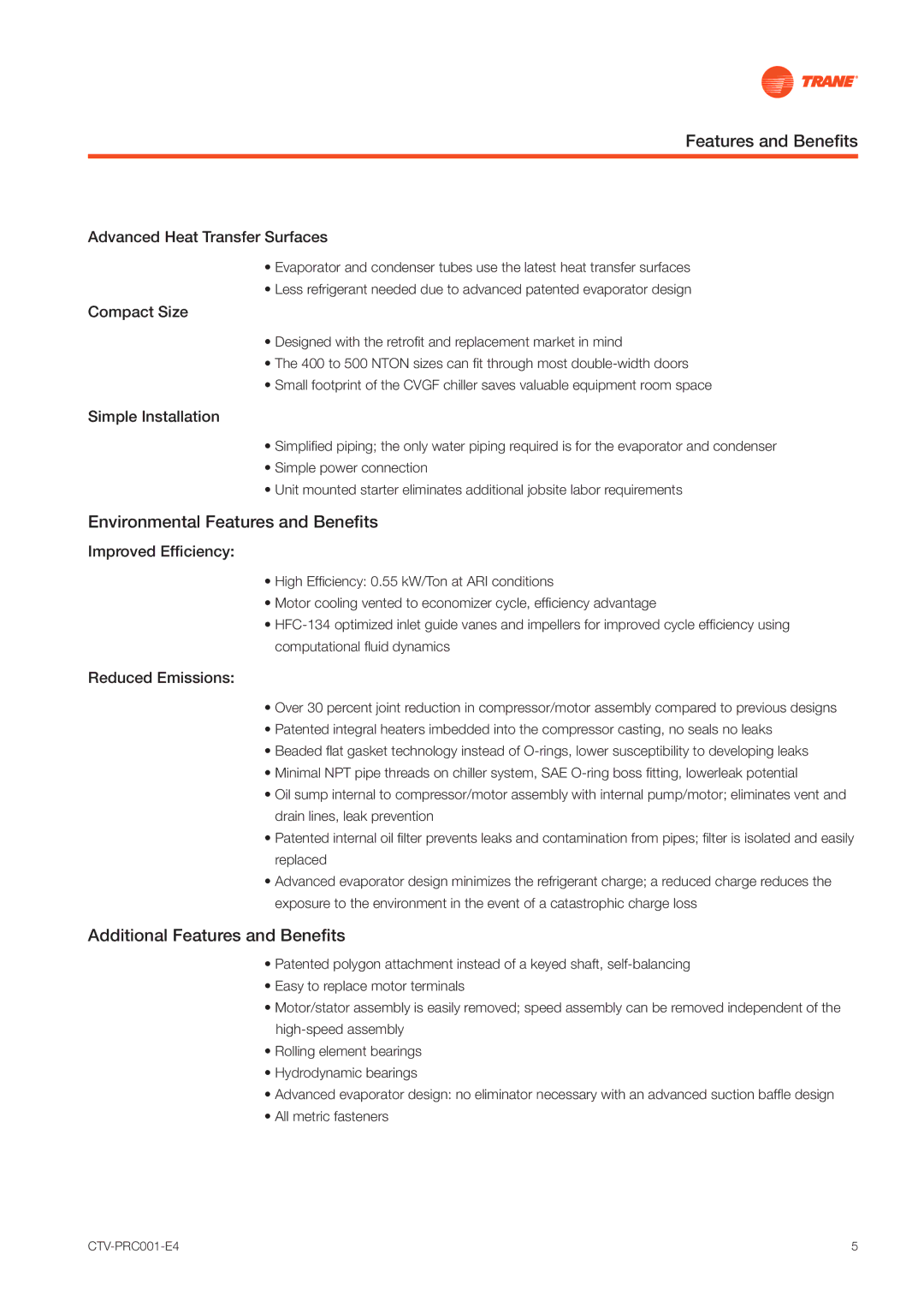 Trane CVGF manual Environmental Features and Beneﬁts, Additional Features and Beneﬁts 