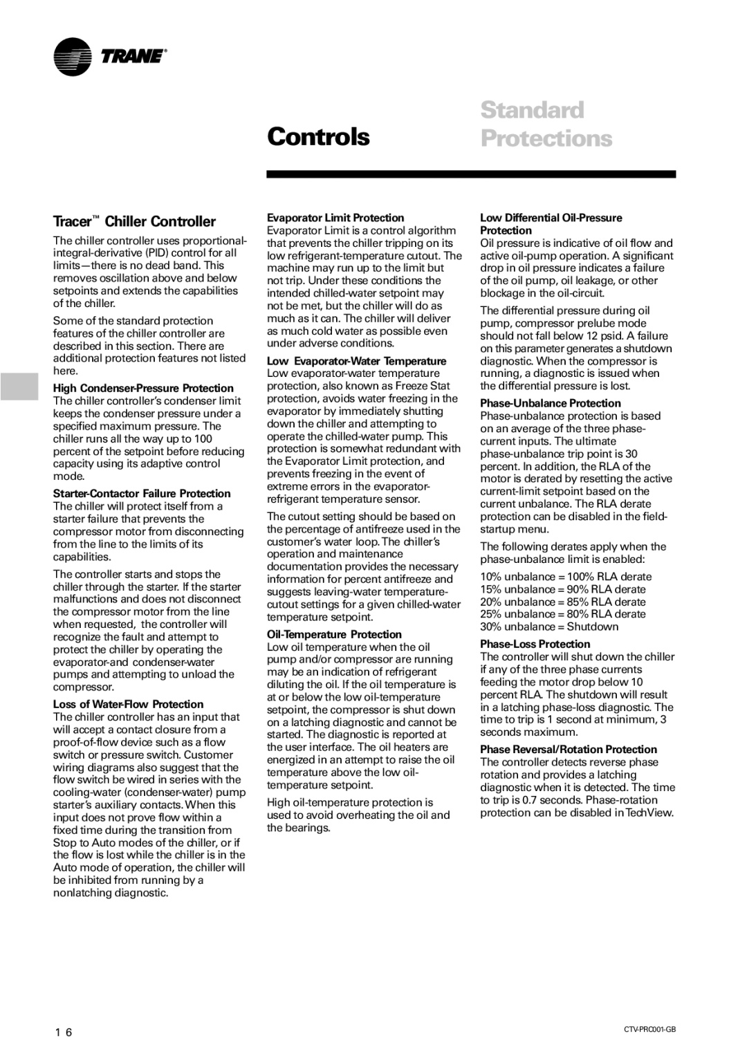 Trane CVGF Tracer Chiller Controller, Loss of Water-Flow Protection, Oil-Temperature Protection, Phase-Loss Protection 
