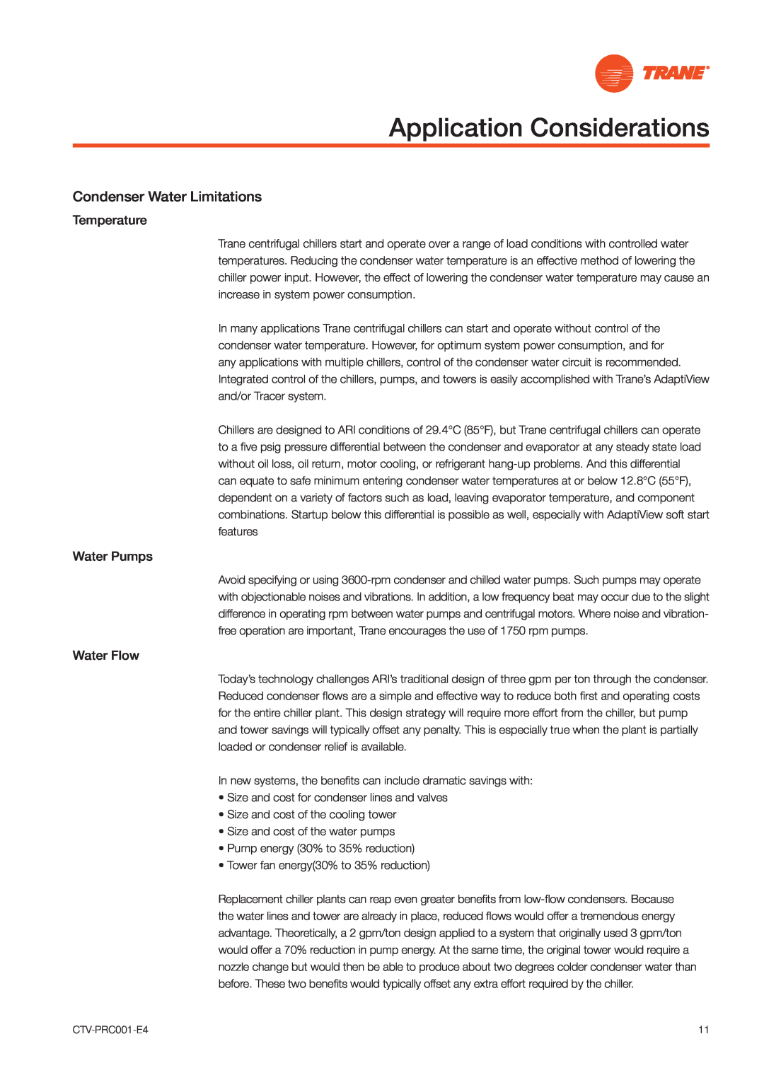 Trane CVGF manual Application Considerations, Condenser Water Limitations, Temperature, Water Pumps, Water Flow 