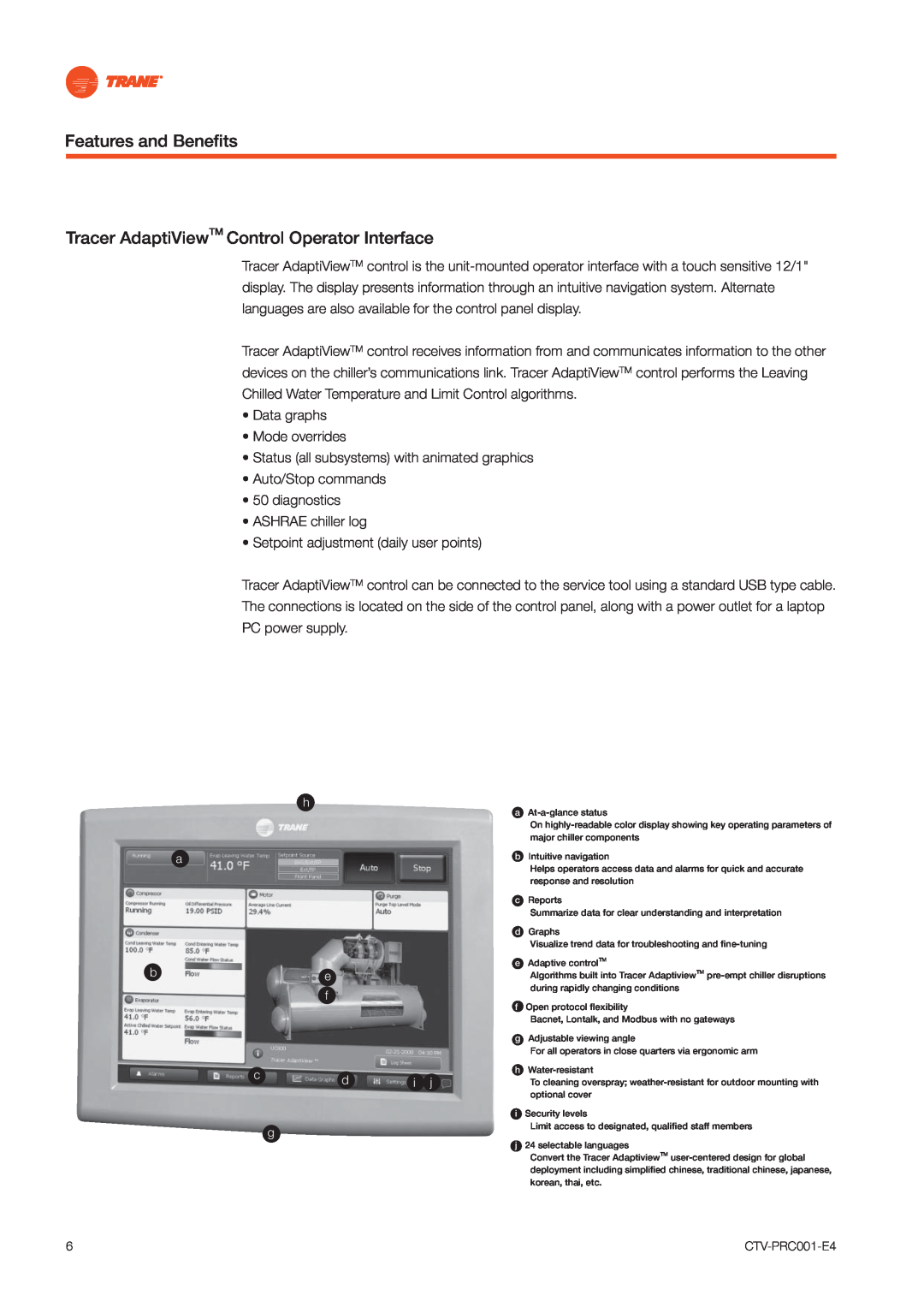 Trane CVGF manual Features and Beneﬁts, Tracer AdaptiViewTM Control Operator Interface 