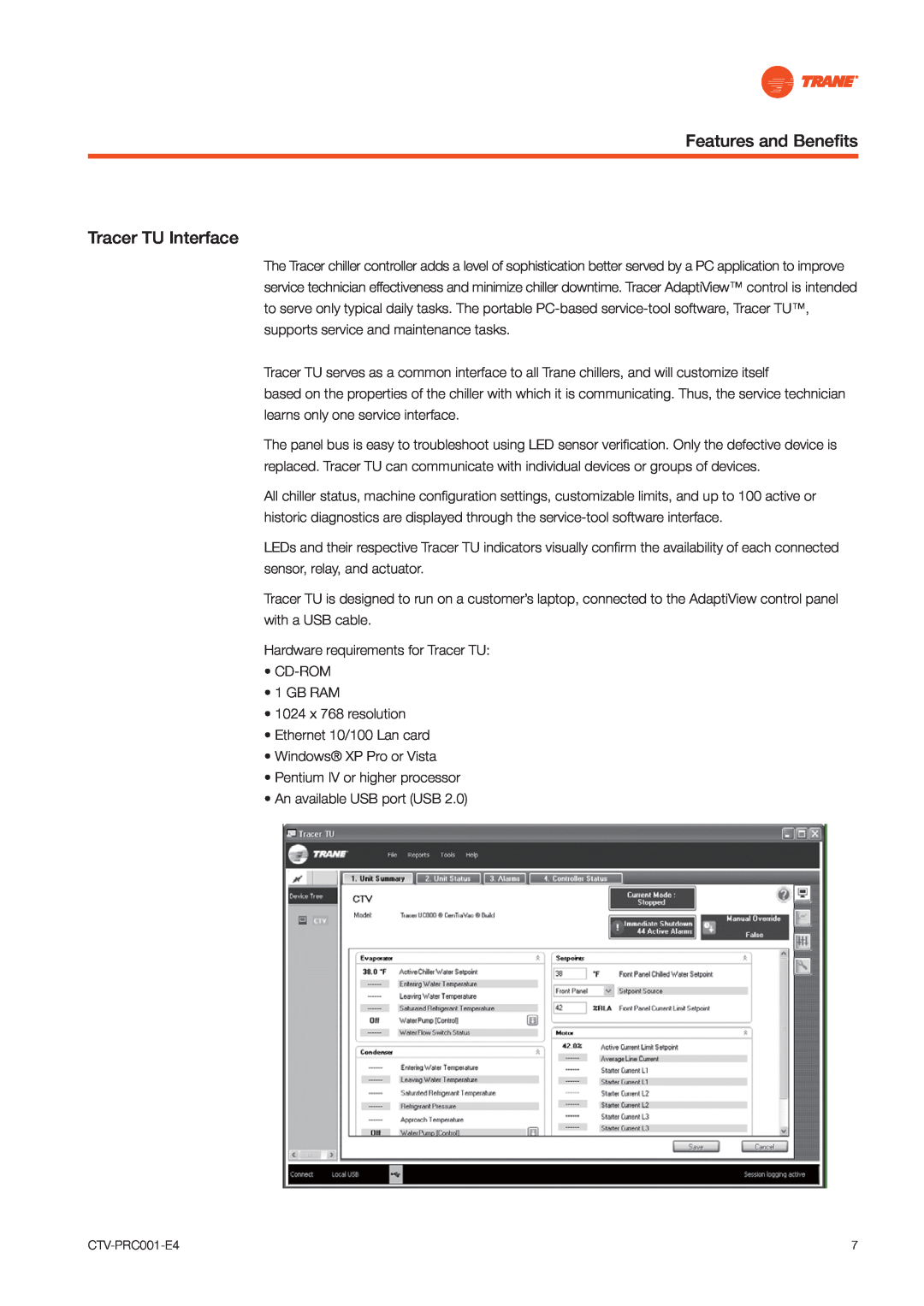 Trane CVGF manual Features and Beneﬁts Tracer TU Interface 