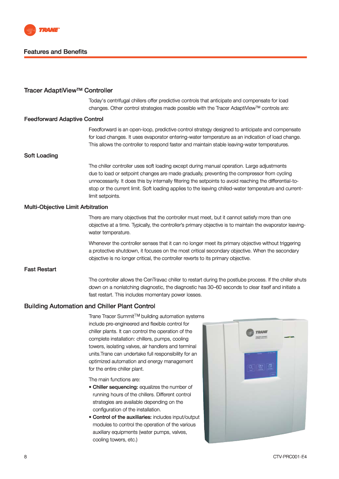 Trane CVGF manual Features and Beneﬁts, Tracer AdaptiViewTM Controller, Building Automation and Chiller Plant Control 
