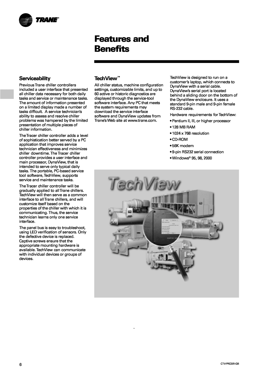 Trane CVGF manual Serviceability, TechView, Features and Benefits 
