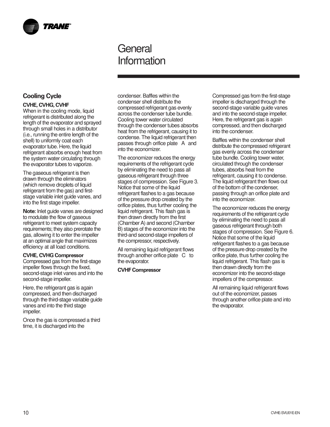 Trane CVHE-SVU01E-ENX39640712050 manual Cooling Cycle, Cvhf Compressor 