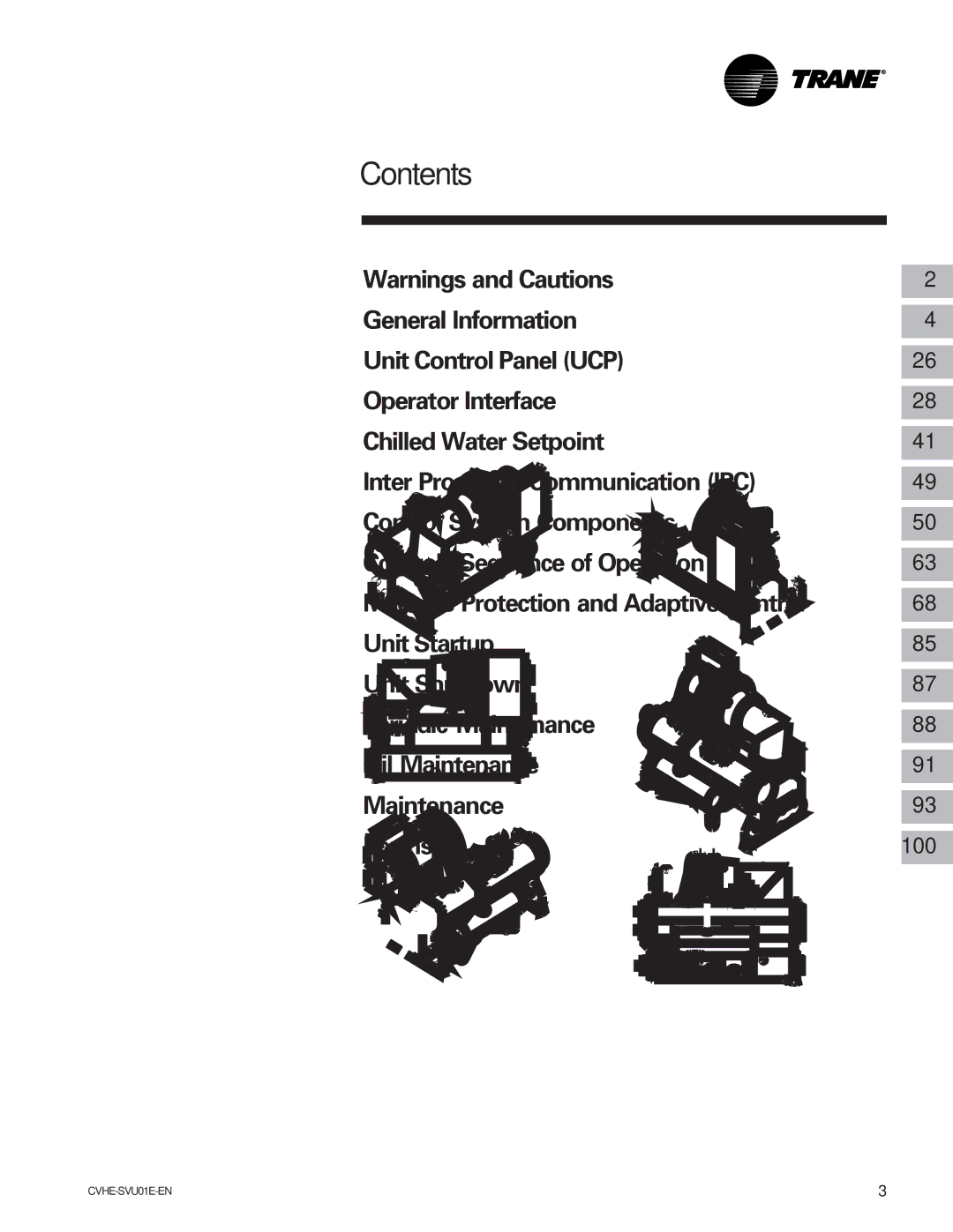 Trane CVHE-SVU01E-ENX39640712050 manual Contents 