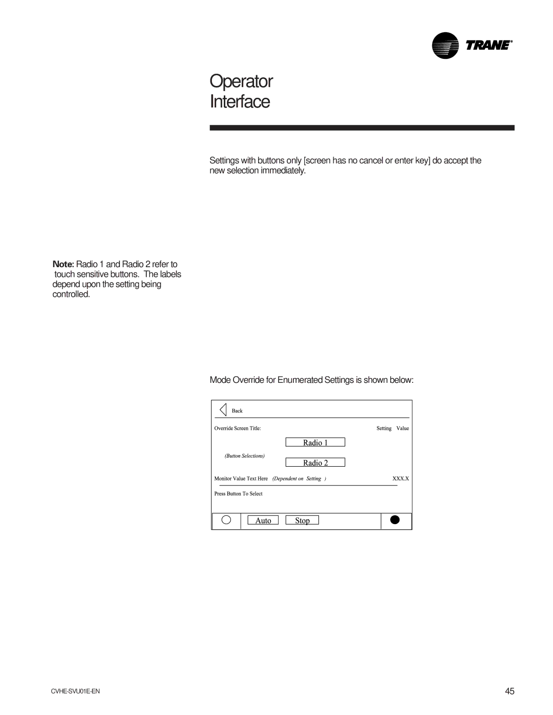 Trane CVHE-SVU01E-ENX39640712050 manual Operator Interface 